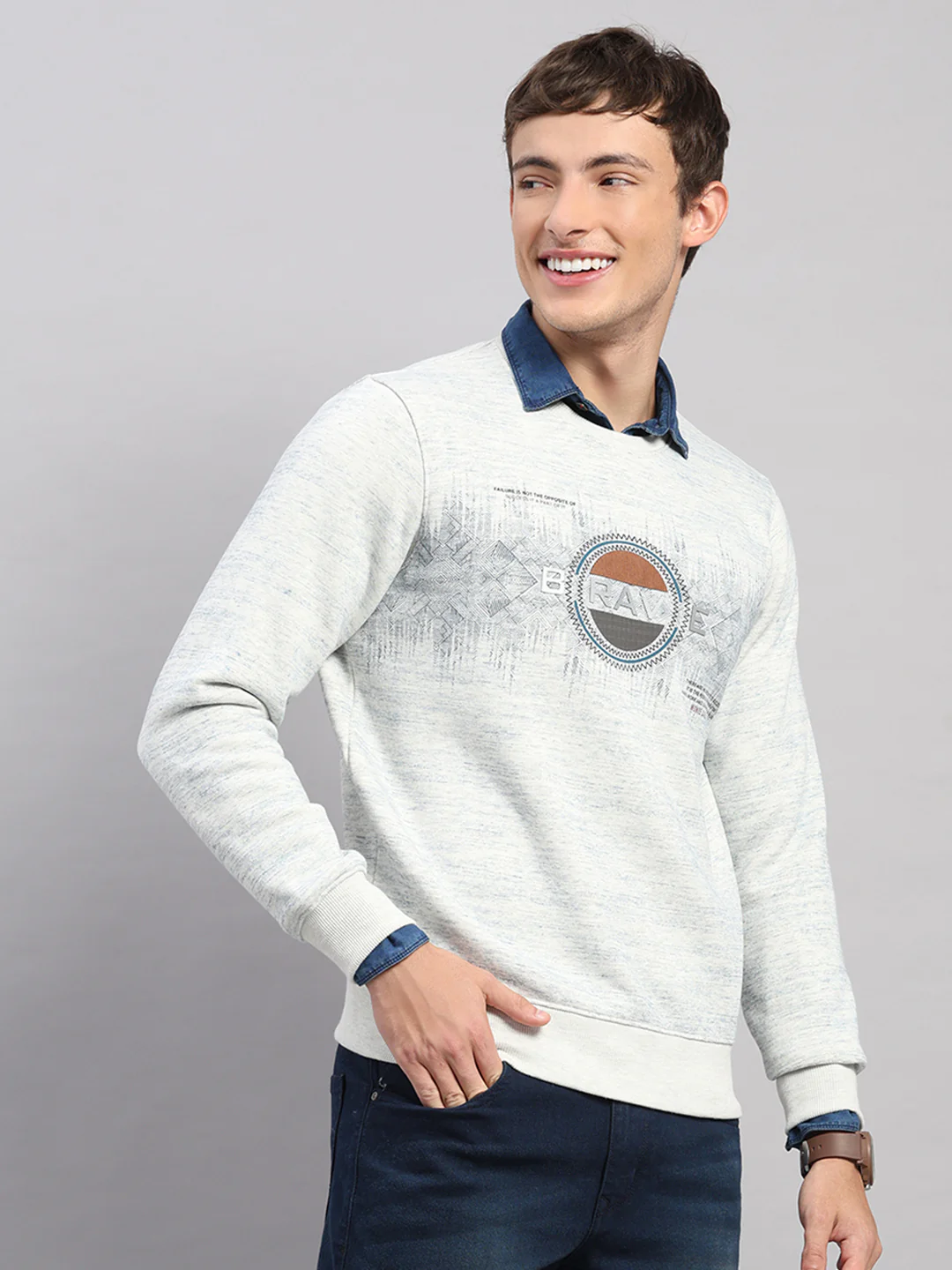 Men Grey Printed Round Neck Full Sleeve Sweatshirt - Image 4