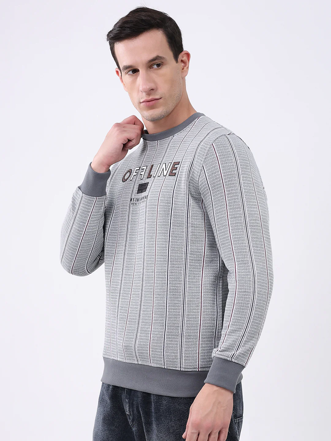 Men Grey Printed Round Neck Full Sleeve Sweatshirt - Image 3