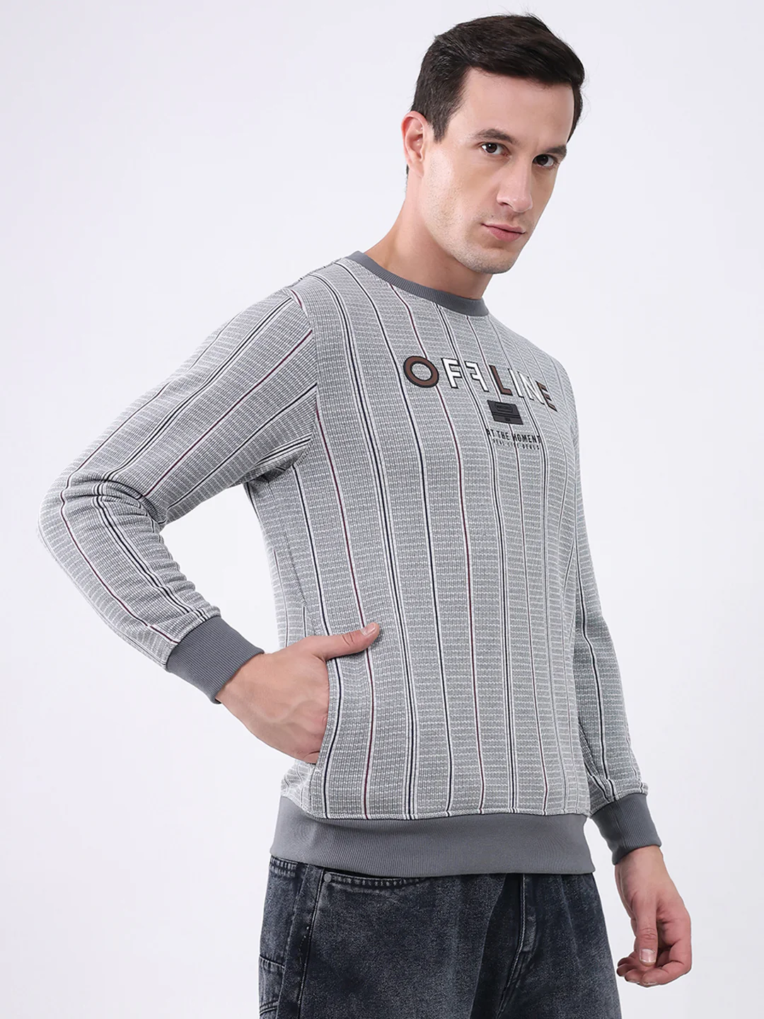 Men Grey Printed Round Neck Full Sleeve Sweatshirt - Image 4