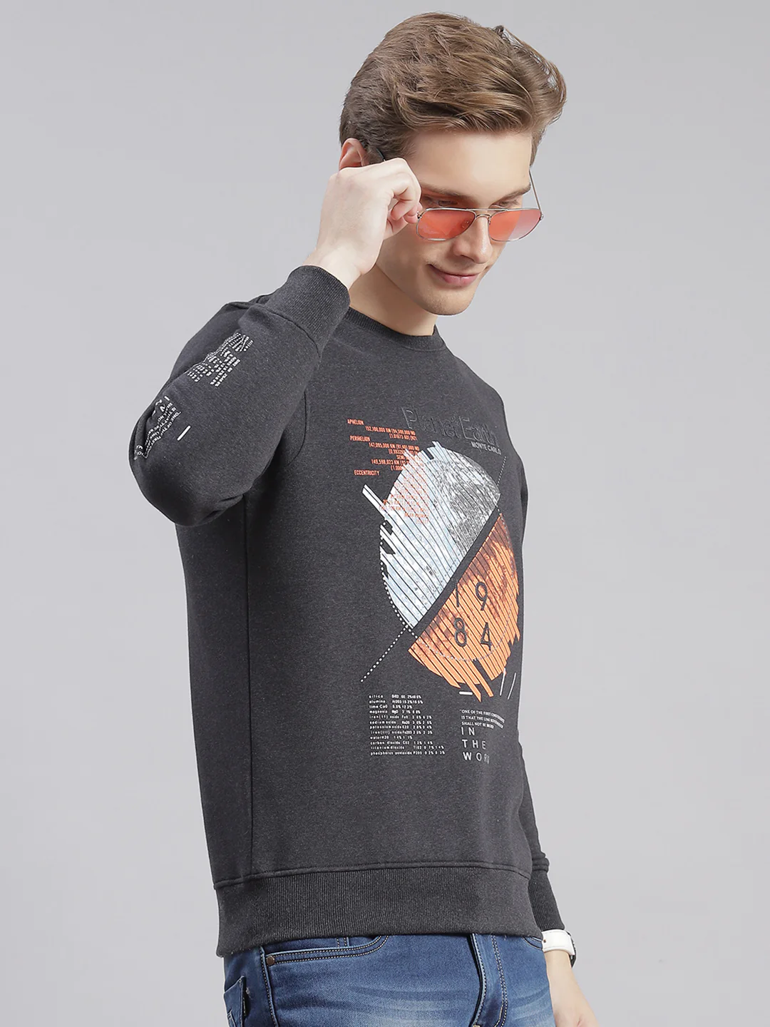 Men Grey Printed Round Neck Full Sleeve Sweatshirts - Image 5