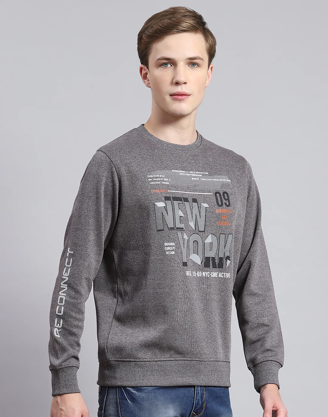Men Grey Printed Round Neck Full Sleeve T-Shirt - Image 4