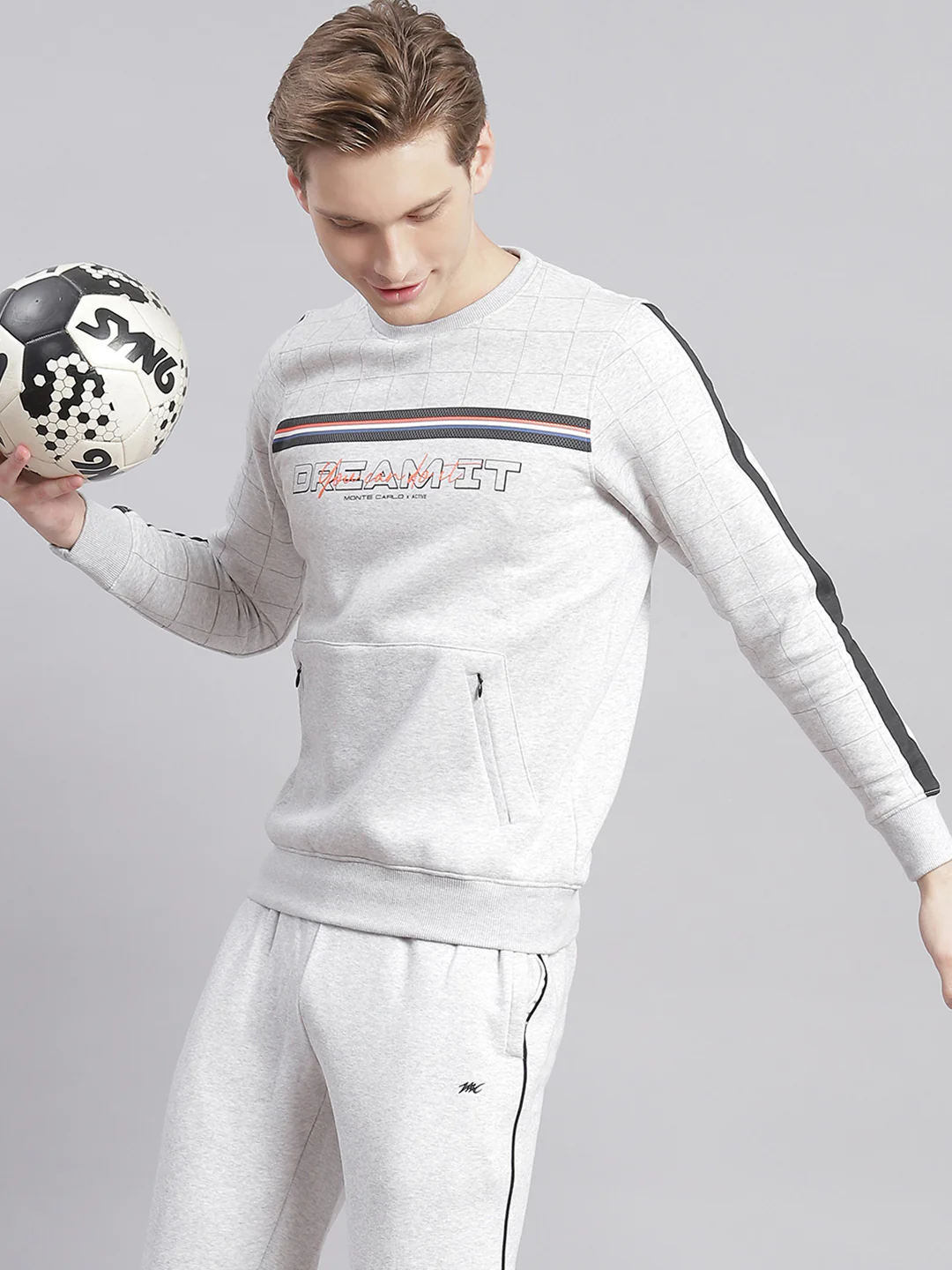 Men Grey Printed Round Neck Full Sleeve Tracksuits - Image 2