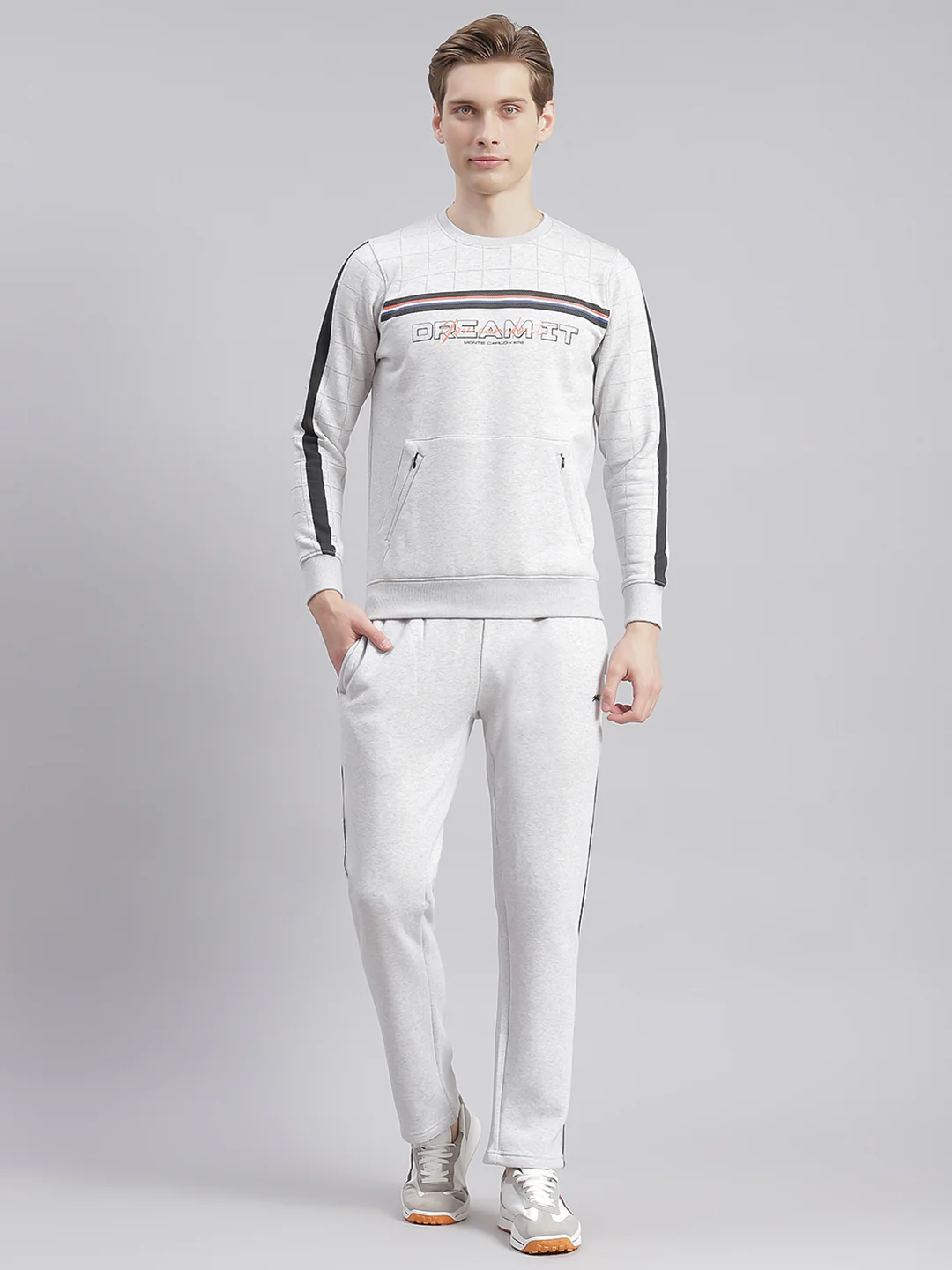 Men Grey Printed Round Neck Full Sleeve Tracksuits - Image 4