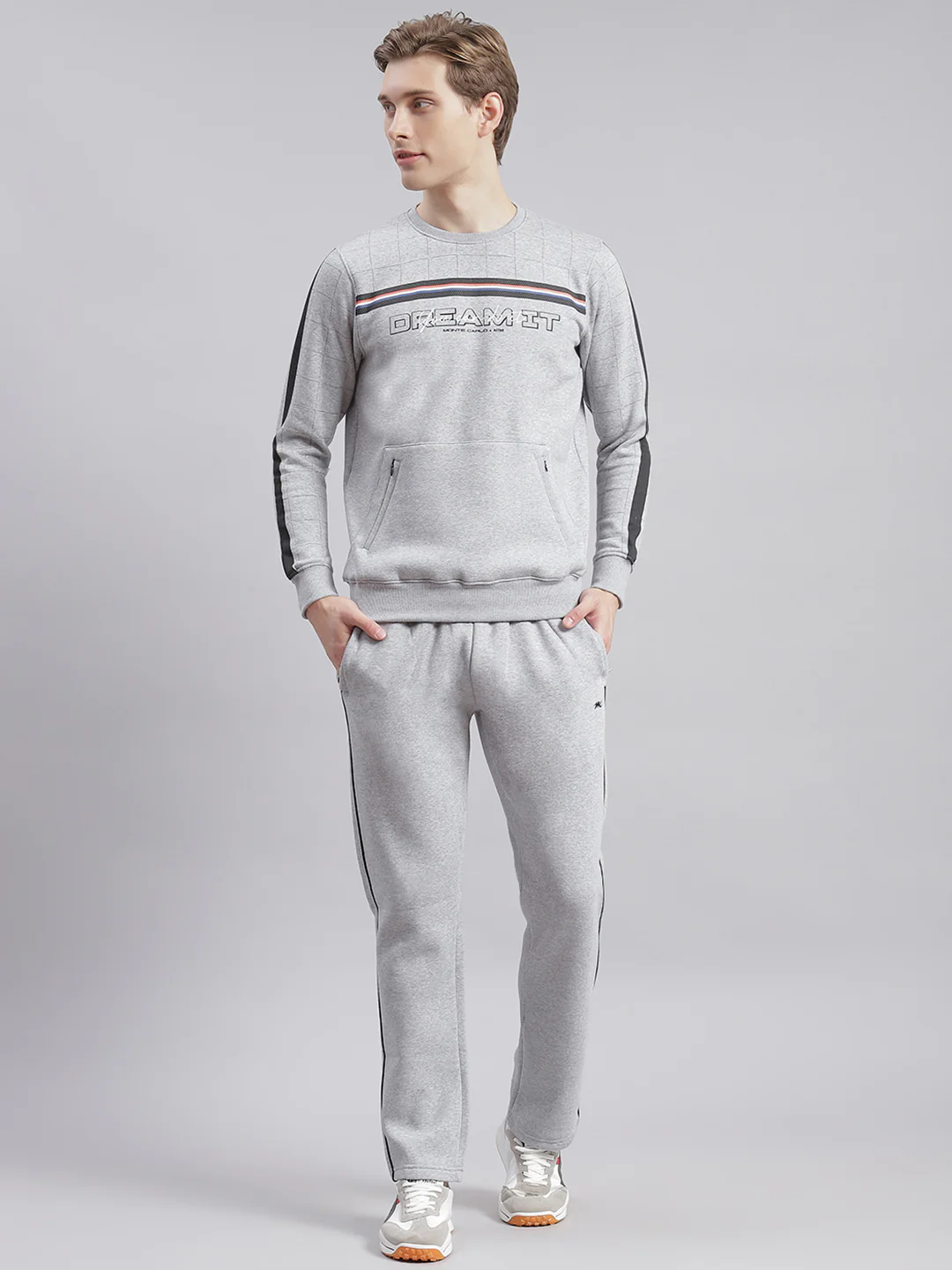 Men Grey Printed Round Neck Full Sleeve Tracksuits - Image 2