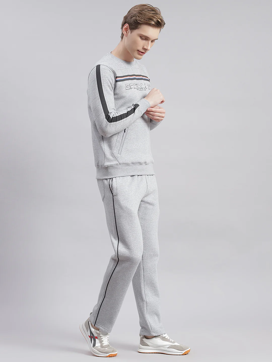 Men Grey Printed Round Neck Full Sleeve Tracksuits - Image 4