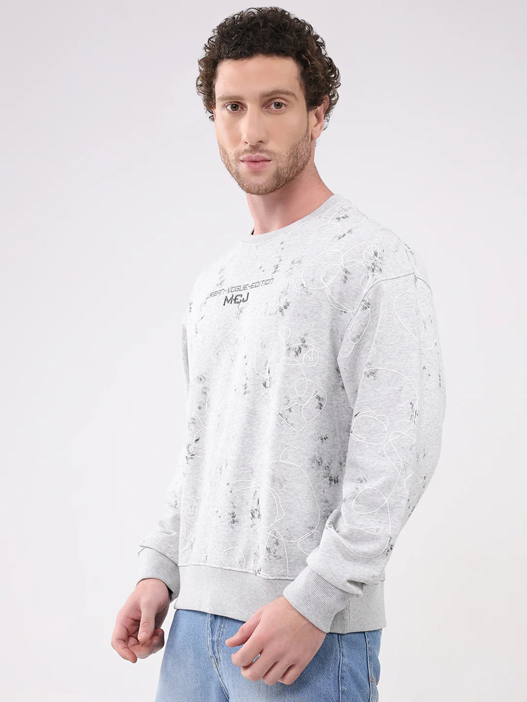 Men Grey Printed Round Neck Full Sleeve Winter T-Shirt - Image 3