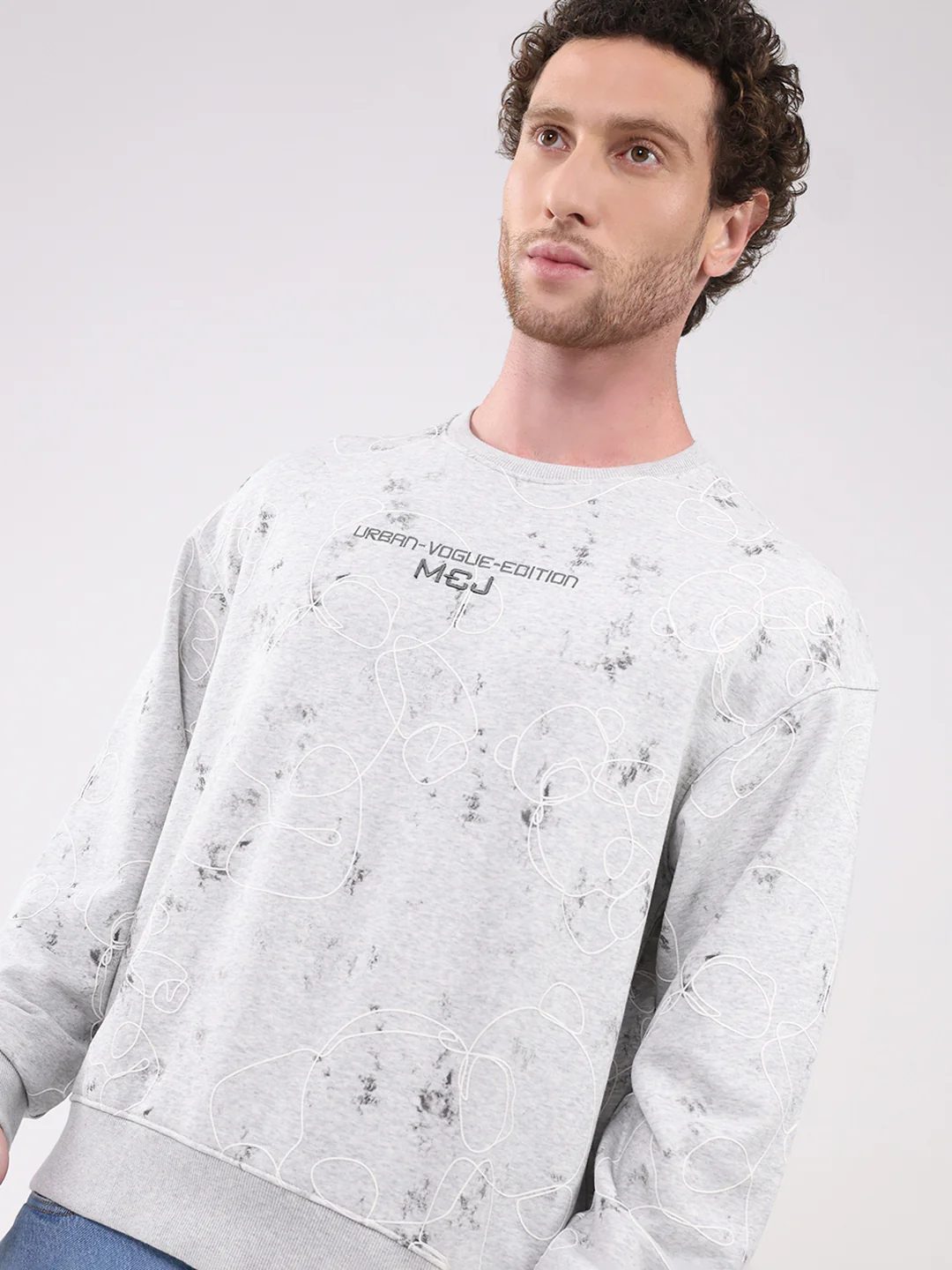 Men Grey Printed Round Neck Full Sleeve Winter T-Shirt - Image 6