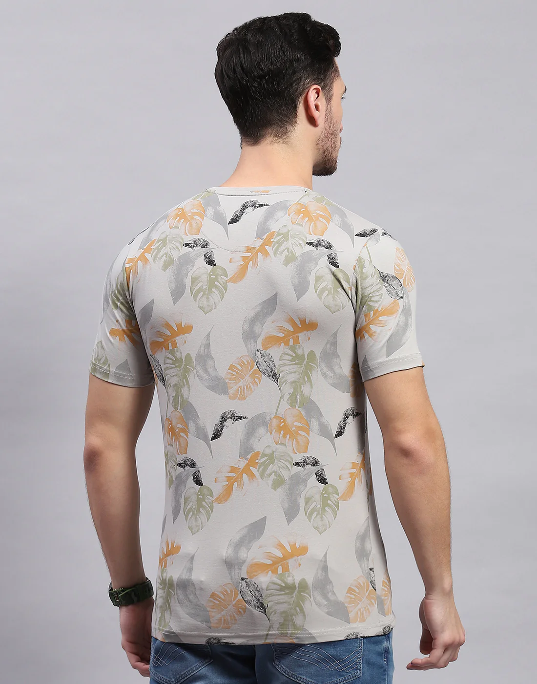 Men Grey Printed Round Neck Half Sleeve T-Shirt - Image 5