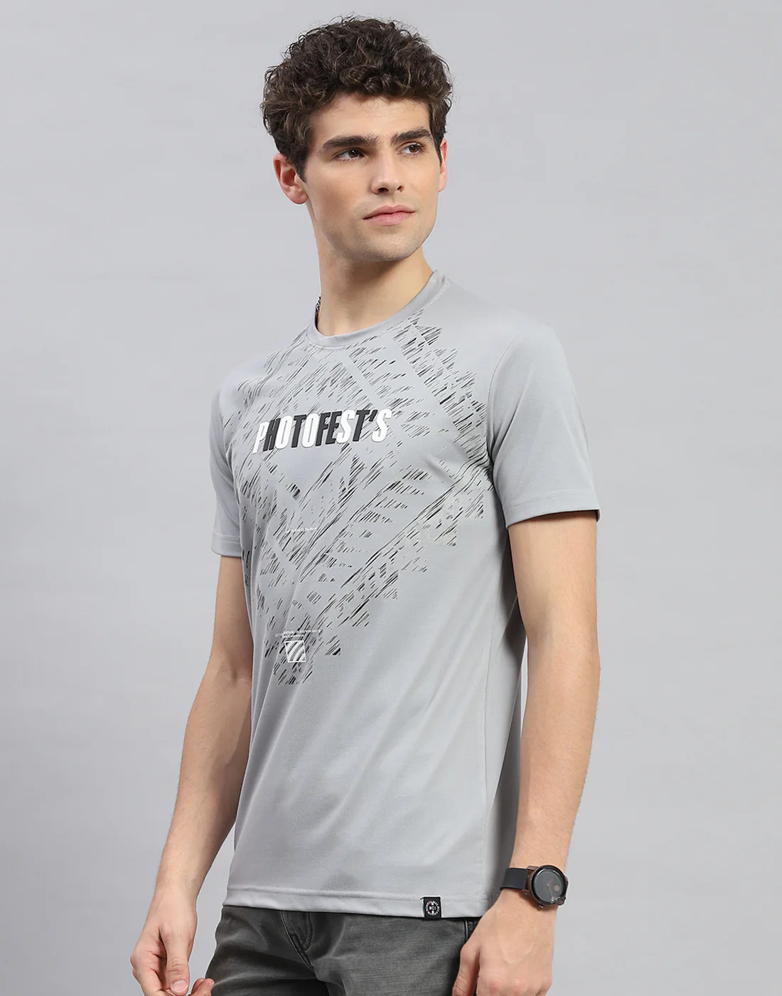 Men Grey Printed Round Neck Half Sleeve T-Shirt - Image 3