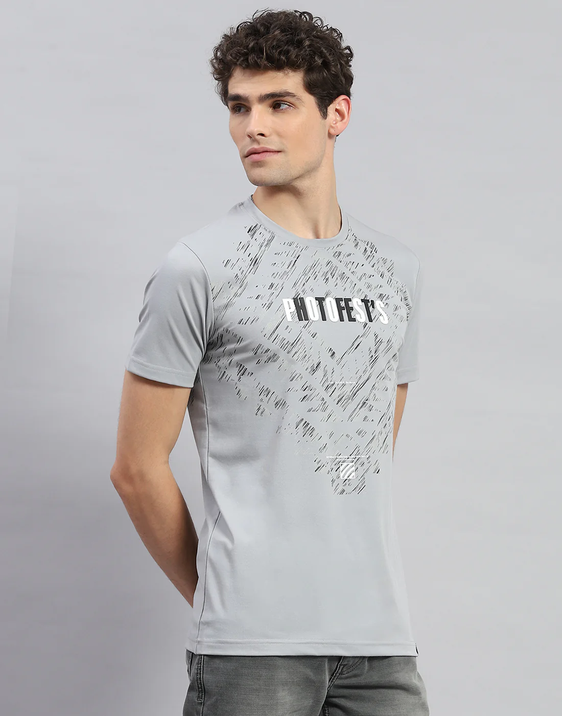 Men Grey Printed Round Neck Half Sleeve T-Shirt - Image 4