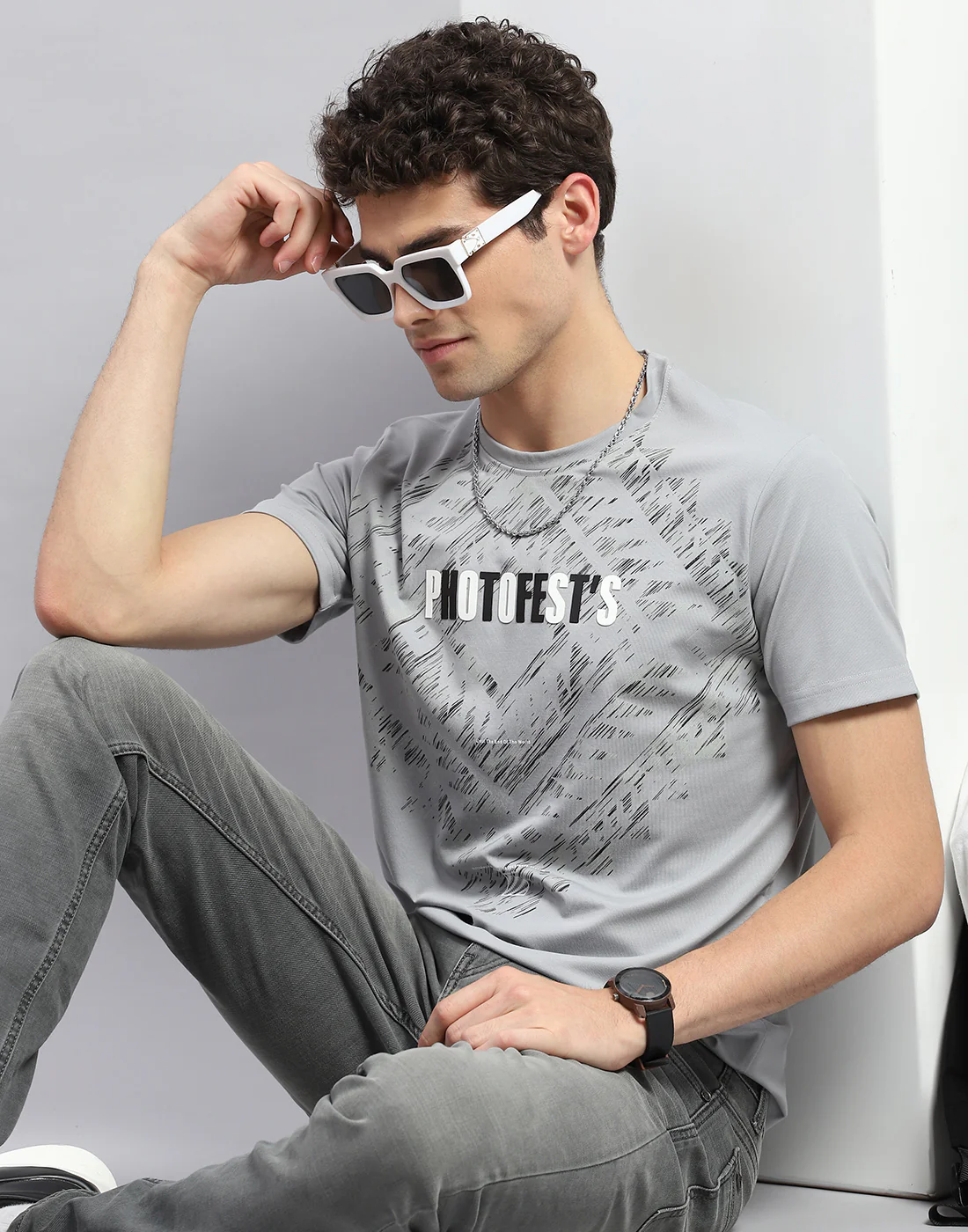 Men Grey Printed Round Neck Half Sleeve T-Shirt - Image 6