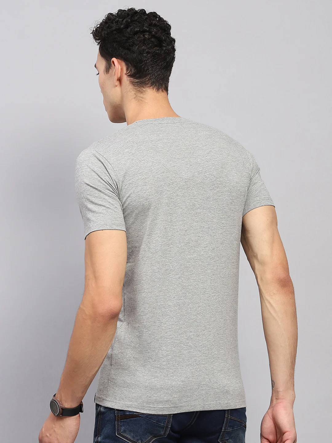 Men Grey Printed Round Neck Half Sleeve T-Shirt - Image 5