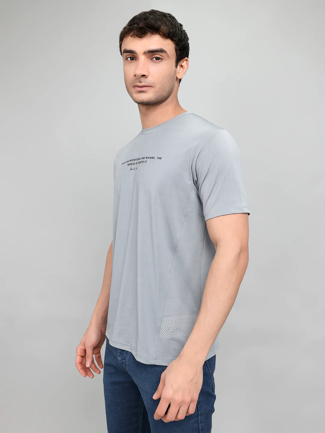 Men Grey Printed Round Neck Half Sleeve T-Shirt - Image 2