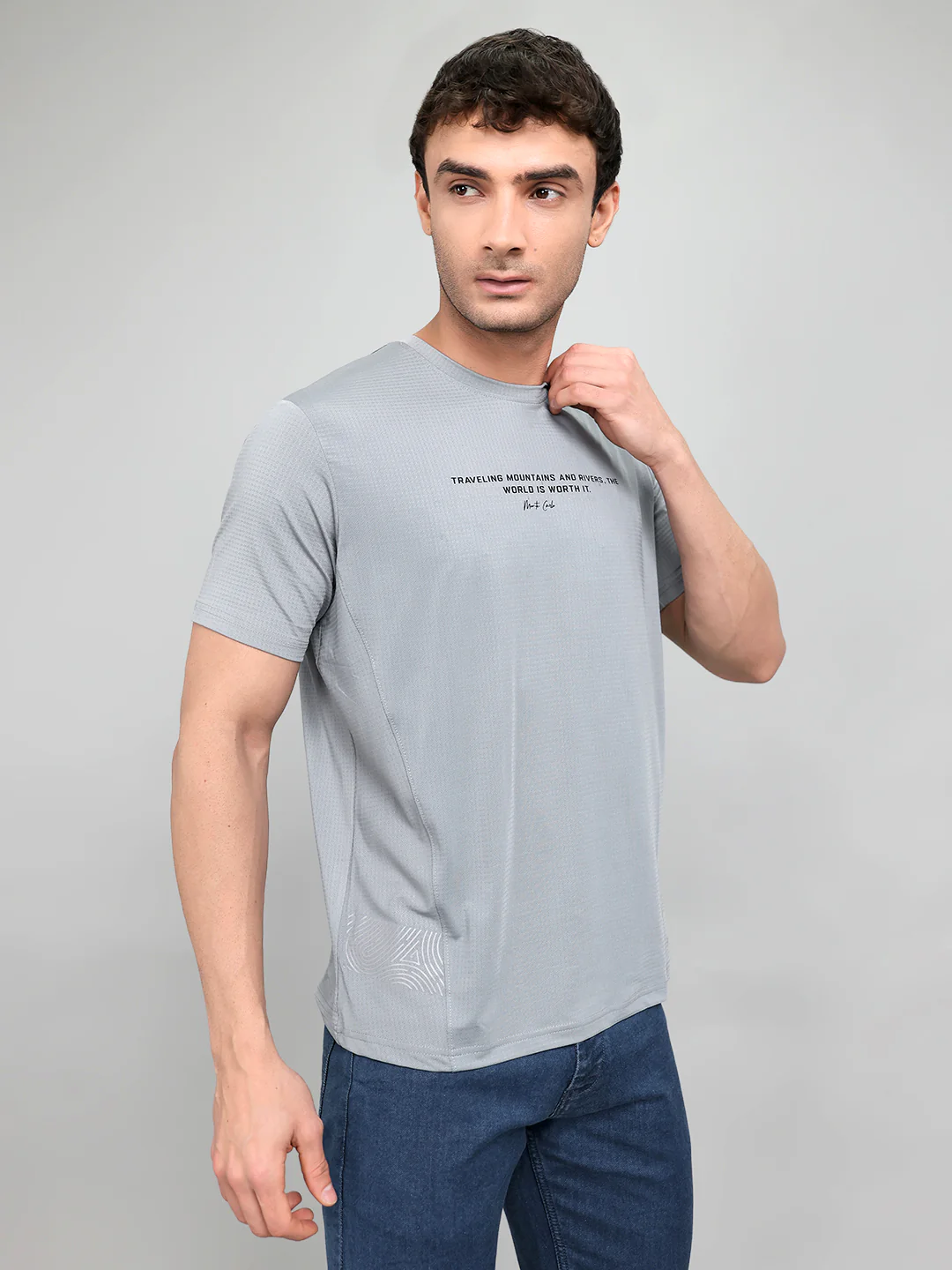 Men Grey Printed Round Neck Half Sleeve T-Shirt - Image 3