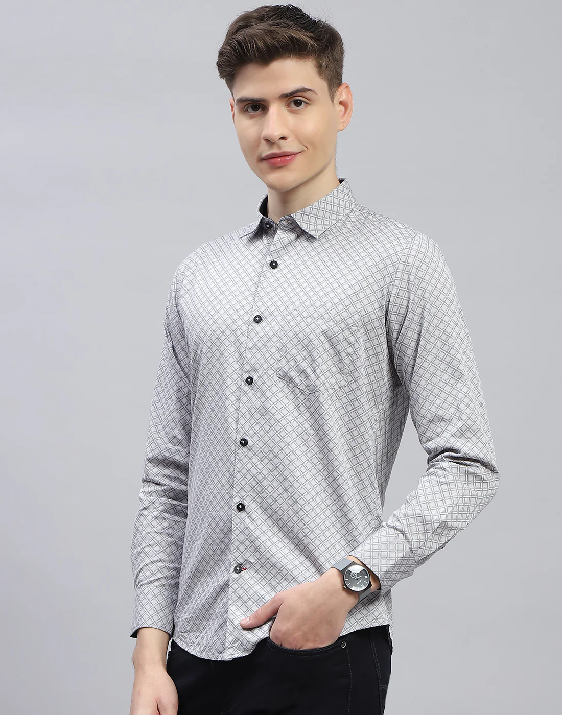 Men Grey Printed Spread Collar Full Sleeve Shirt - Image 3