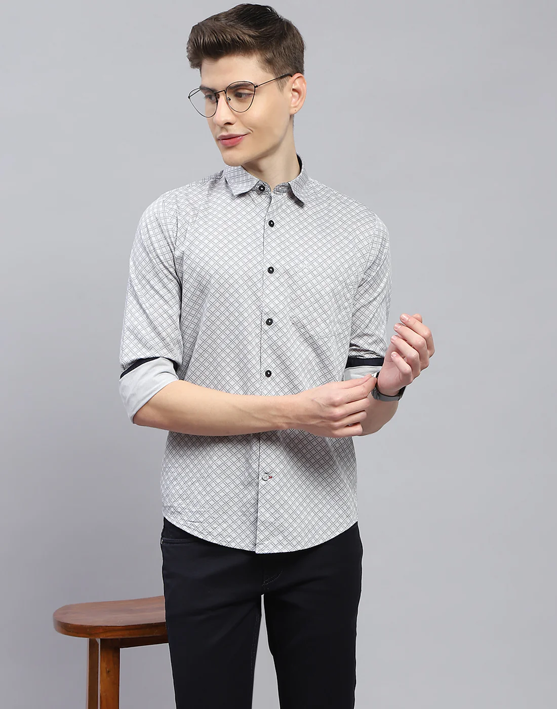Men Grey Printed Spread Collar Full Sleeve Shirt - Image 6