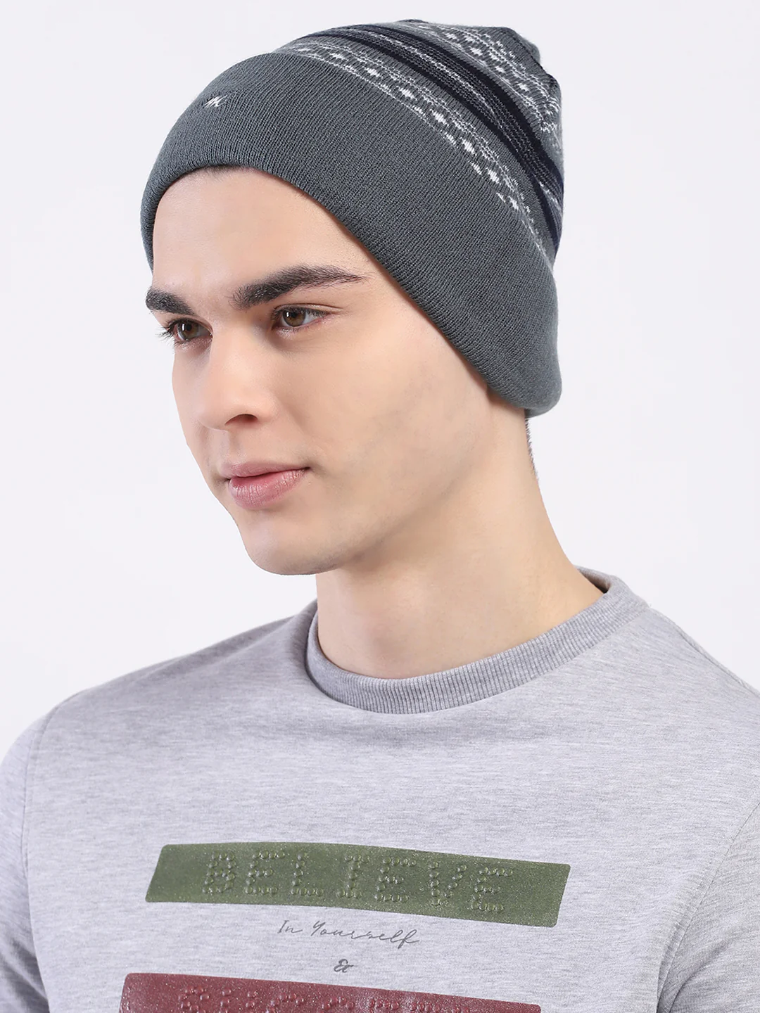 Men Grey Self Design Blend Wool Cap - Image 3
