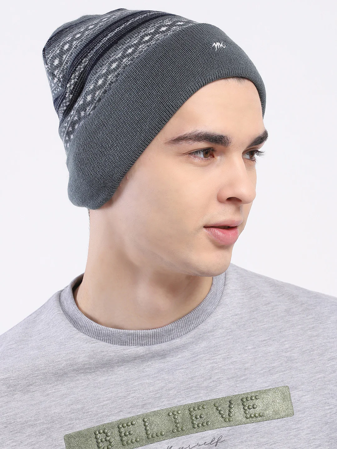 Men Grey Self Design Blend Wool Cap - Image 4