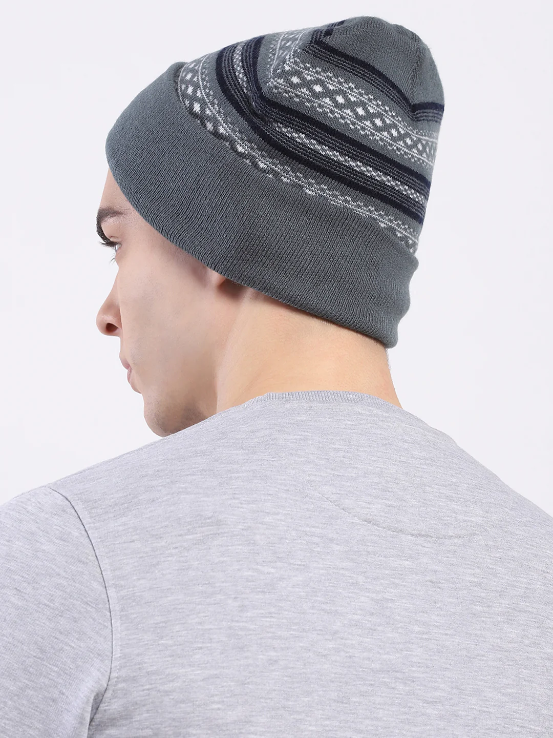Men Grey Self Design Blend Wool Cap - Image 5