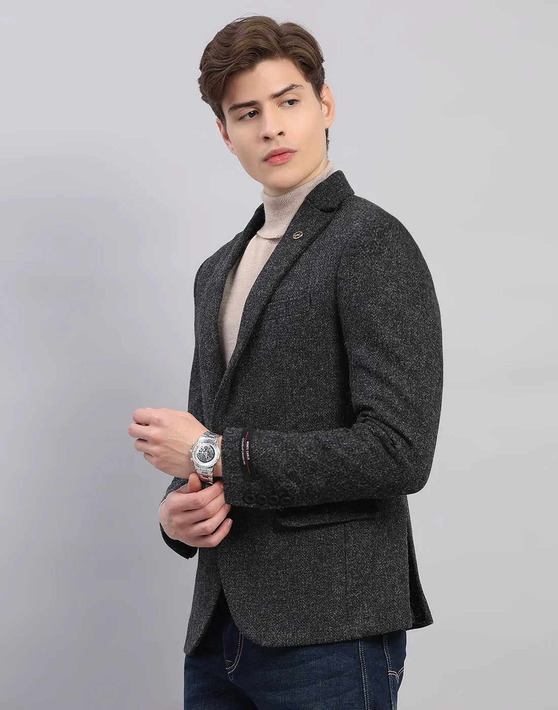 Men Grey Self Design Collar Full Sleeve Blazer - Image 2