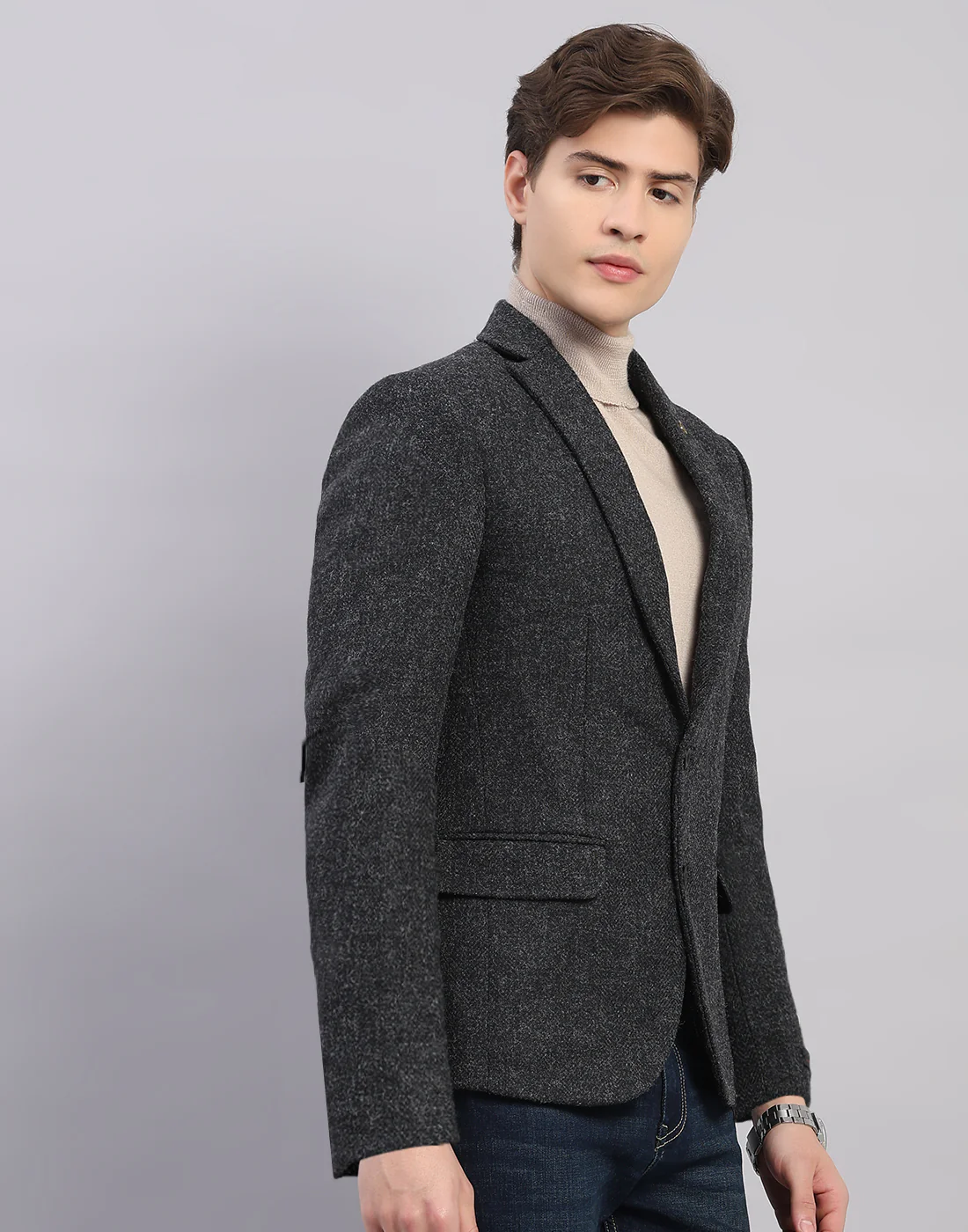 Men Grey Self Design Collar Full Sleeve Blazer - Image 3