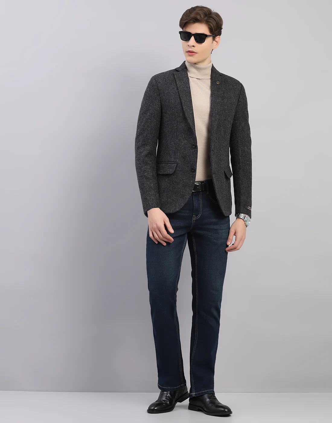 Men Grey Self Design Collar Full Sleeve Blazer - Image 5