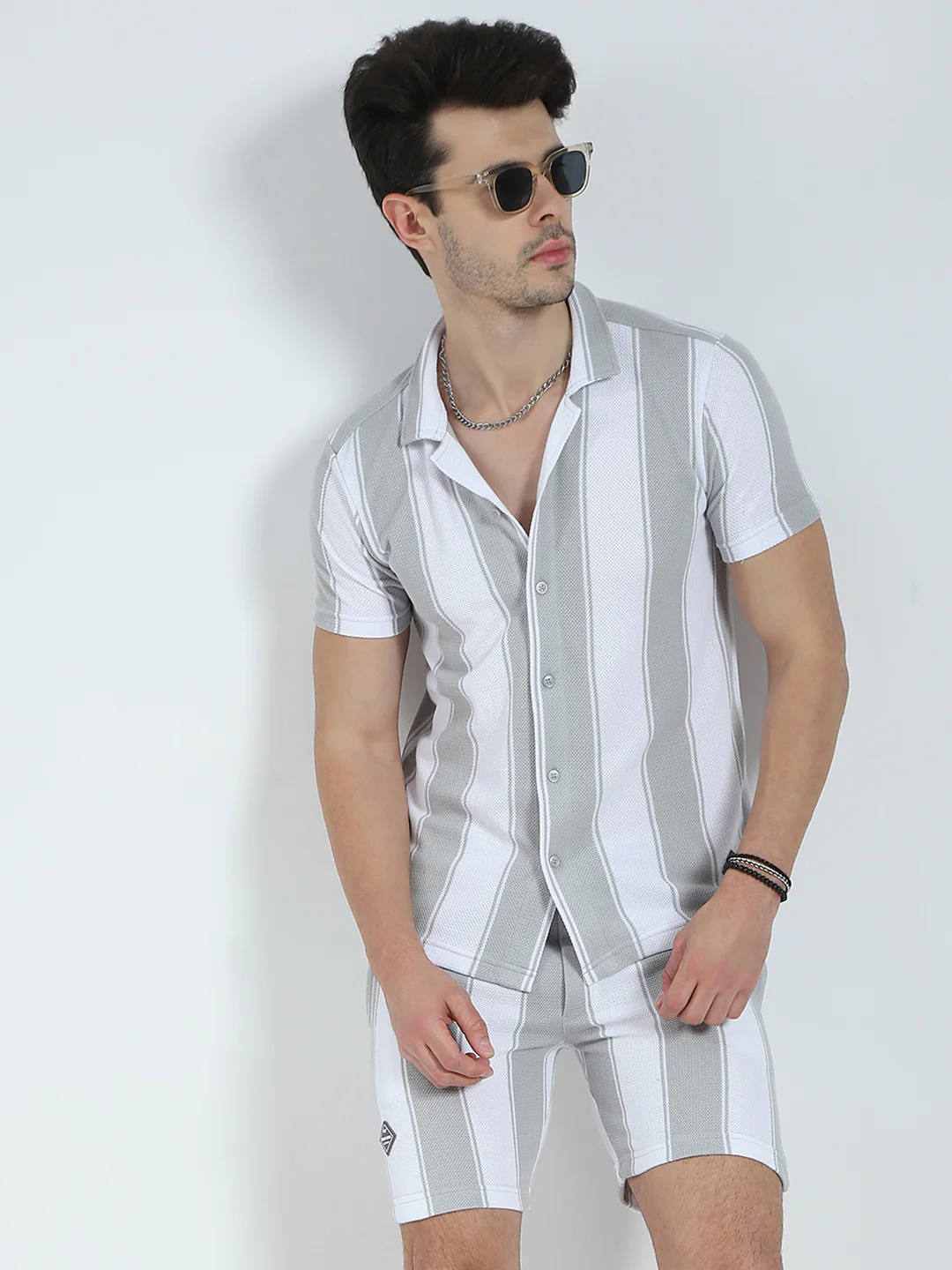 Men Grey Self Design Collar Half Sleeve Bermuda Set - Image 6