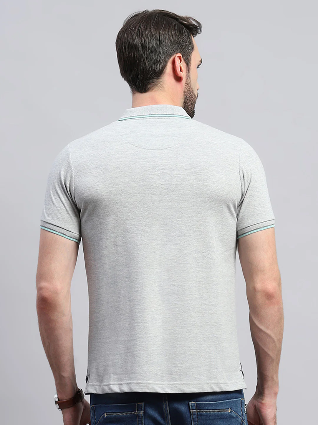 Men Grey Self Design Collar Half Sleeve T-Shirt - Image 5