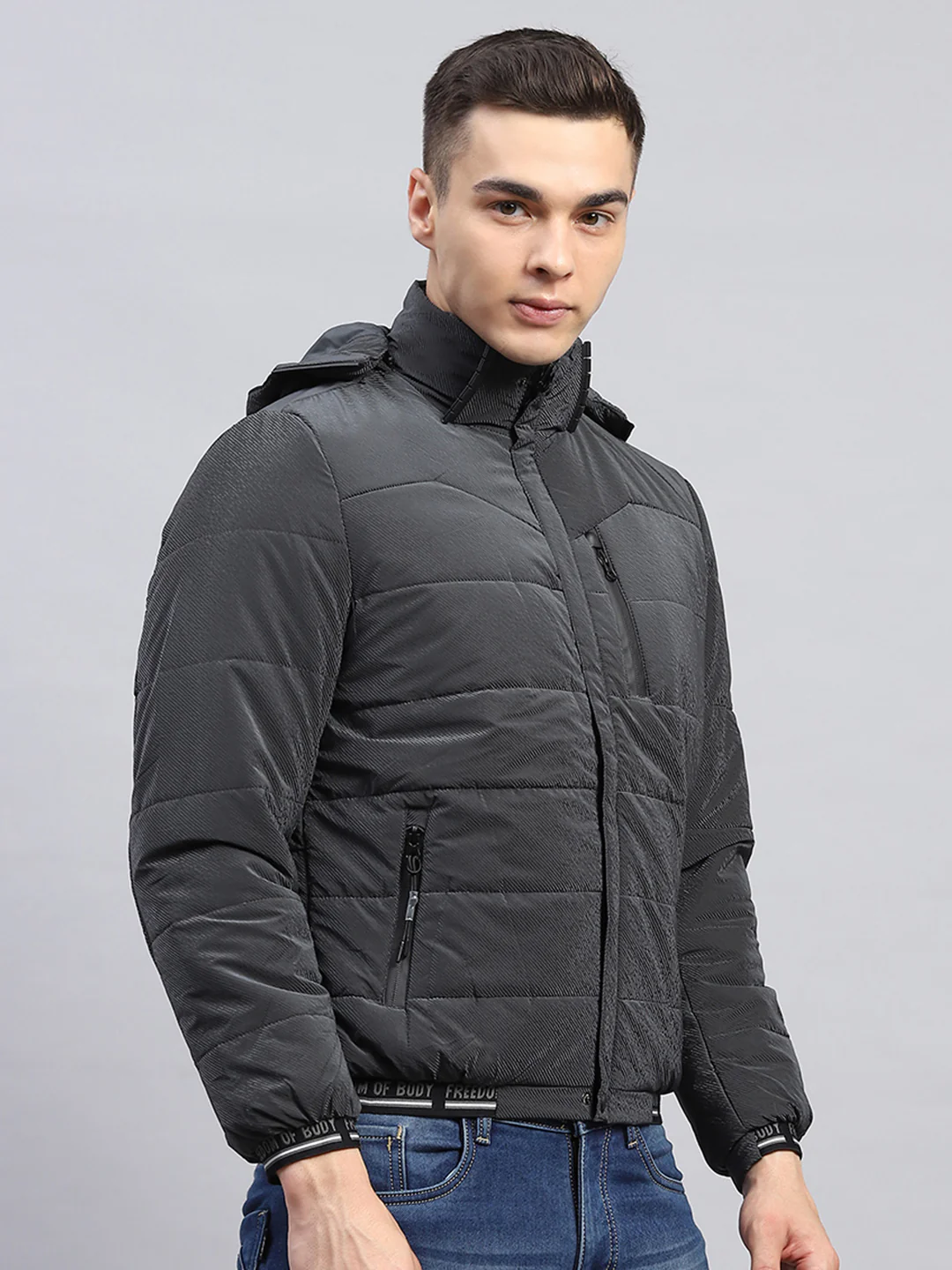 Men Grey Self Design Detachable Hood Full Sleeve Jacket - Image 4