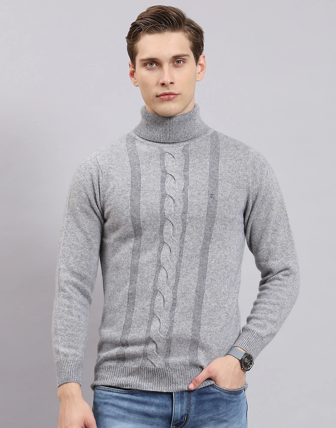 Men Grey Self Design H Neck Full Sleeve Sweater - Image 2