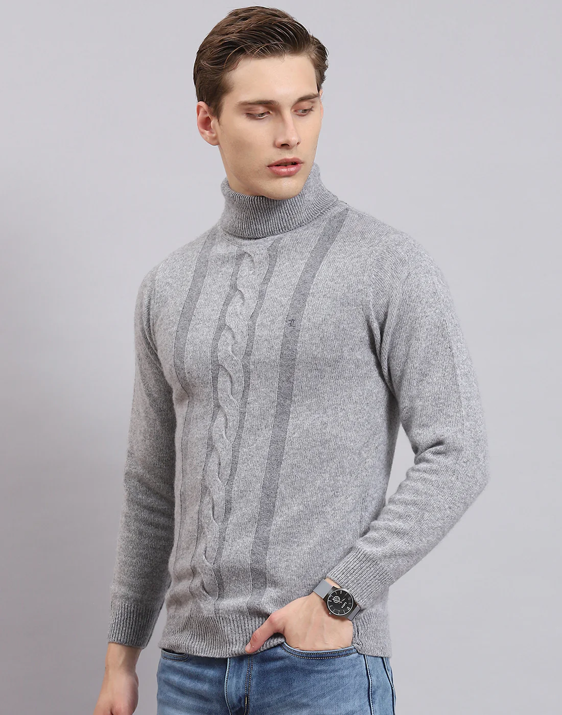 Men Grey Self Design H Neck Full Sleeve Sweater - Image 3