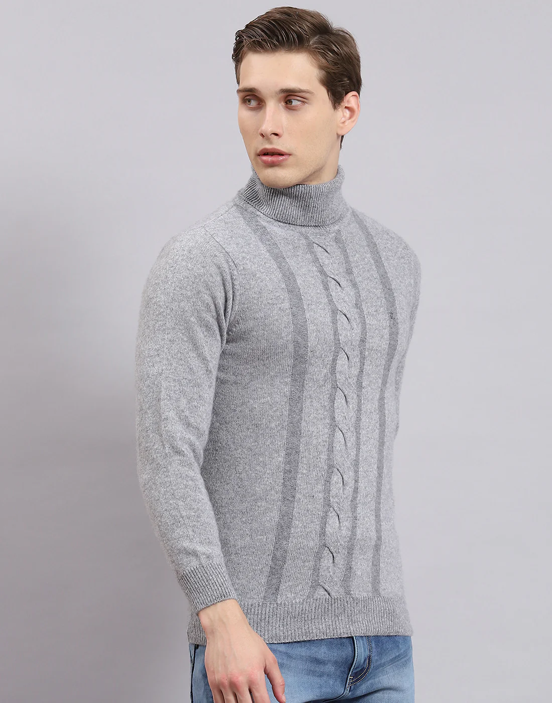 Men Grey Self Design H Neck Full Sleeve Sweater - Image 4