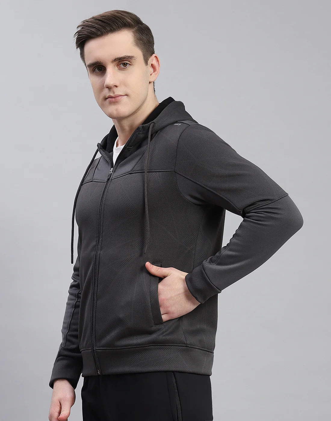 Rock.it Men Grey Self Design Hooded Full Sleeve Sweatshirt - Image 3