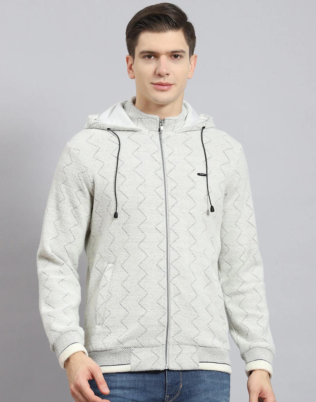 Men Grey Self Design Hooded Full Sleeve Sweatshirt - Image 3