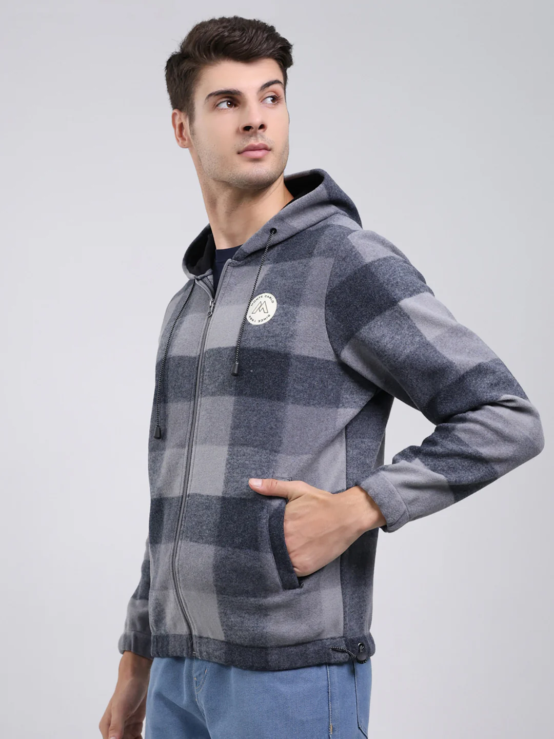 Men Grey Self Design Hooded Full Sleeve Sweatshirt - Image 3