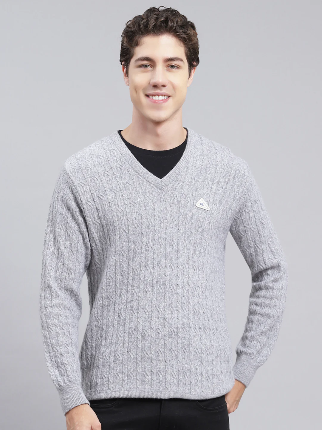Men Grey Self Design Lamb wool Pullover - Image 2