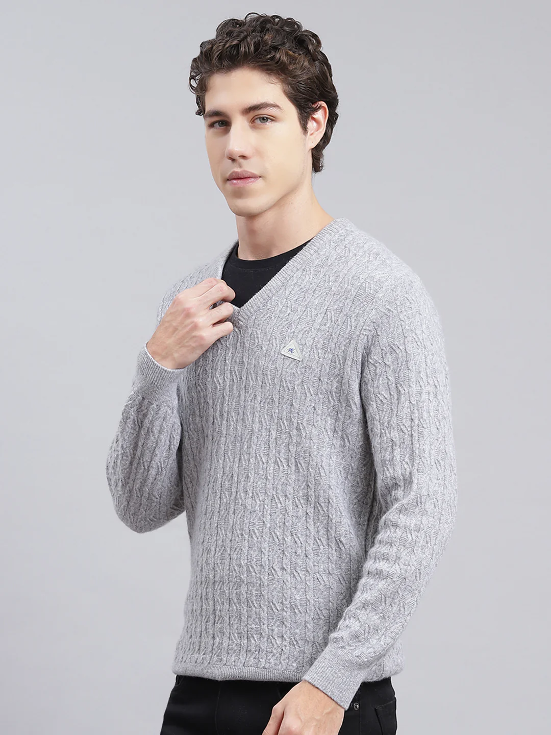 Men Grey Self Design Lamb wool Pullover - Image 4