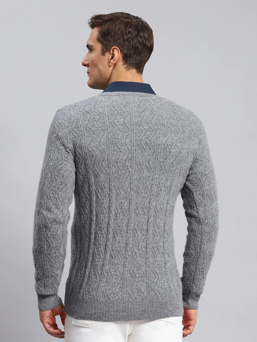 Men Grey Self Design Lamb wool Pullover - Image 5