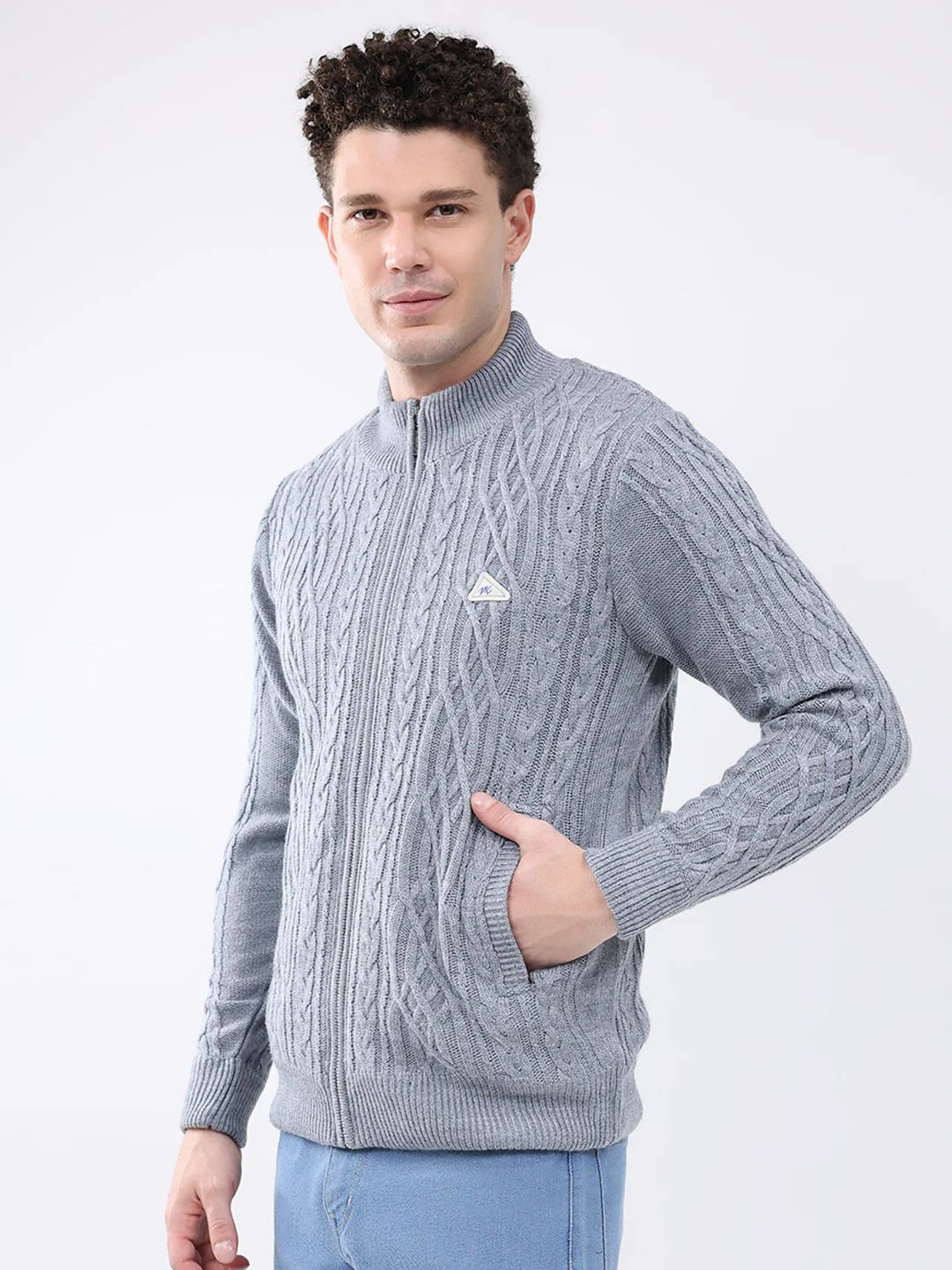 Men Grey Self Design Mock Neck Full Sleeve Jacket - Image 3