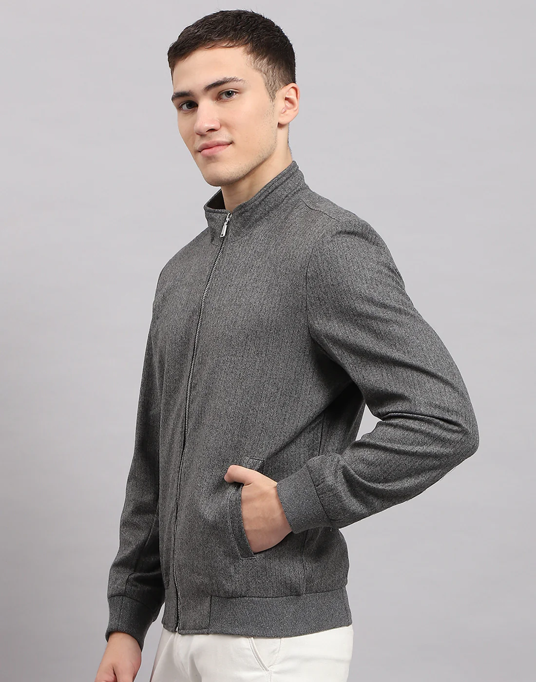 Men Grey Self Design Mock Neck Full Sleeve Jacket - Image 3