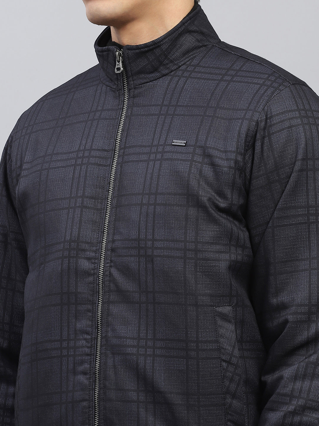 Men Grey Self Design Mock Neck Full Sleeve Jacket - Image 6