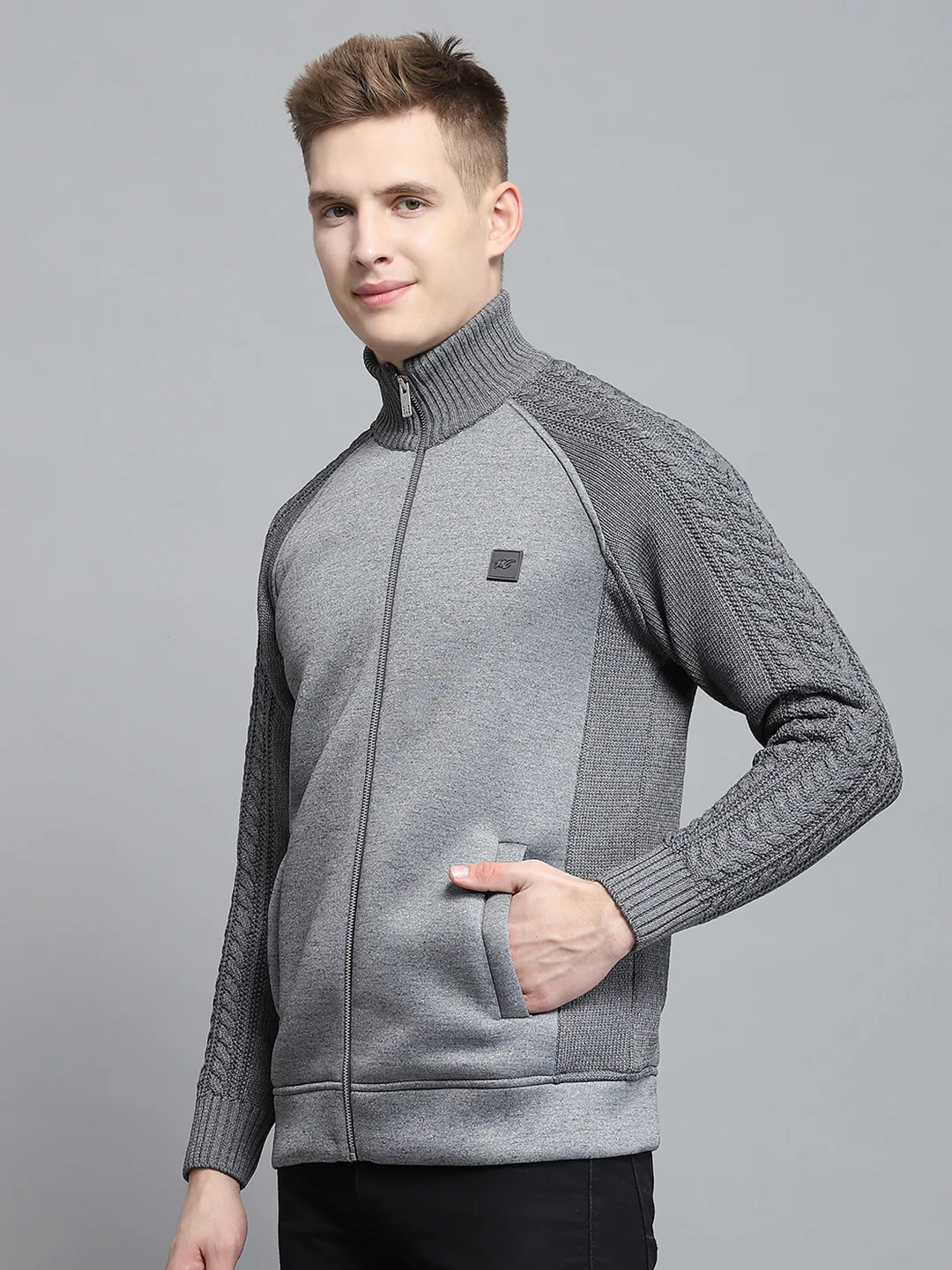 Men Grey Self Design Mock Neck Full Sleeve Pullover - Image 3