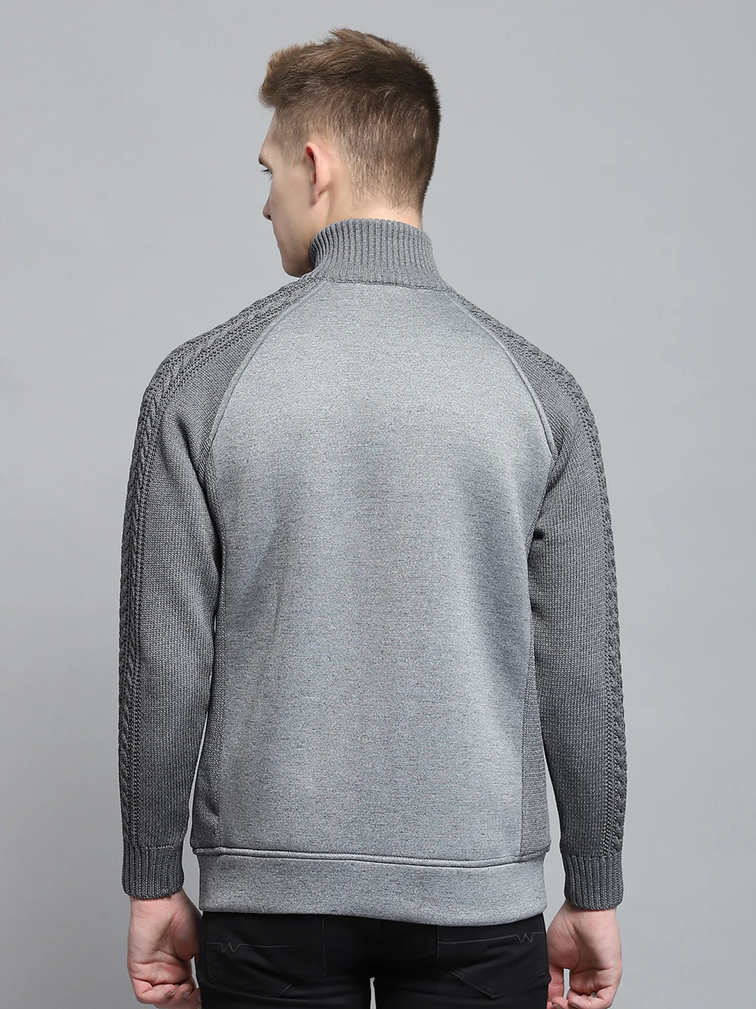 Men Grey Self Design Mock Neck Full Sleeve Pullover - Image 5