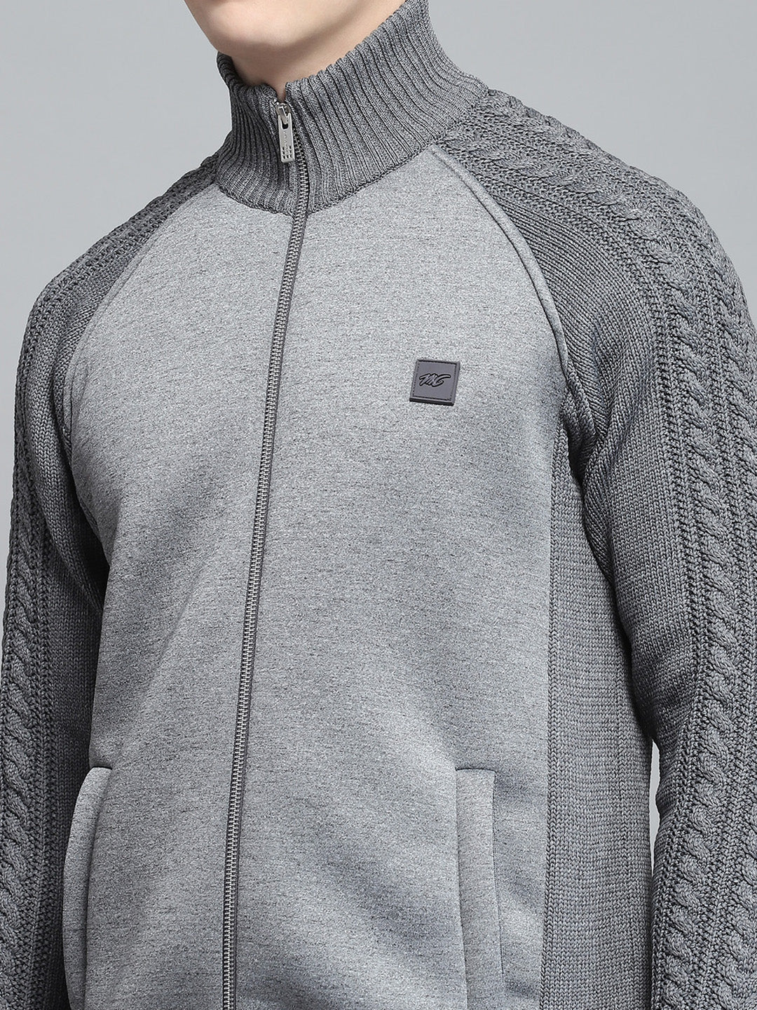 Men Grey Self Design Mock Neck Full Sleeve Pullover - Image 6