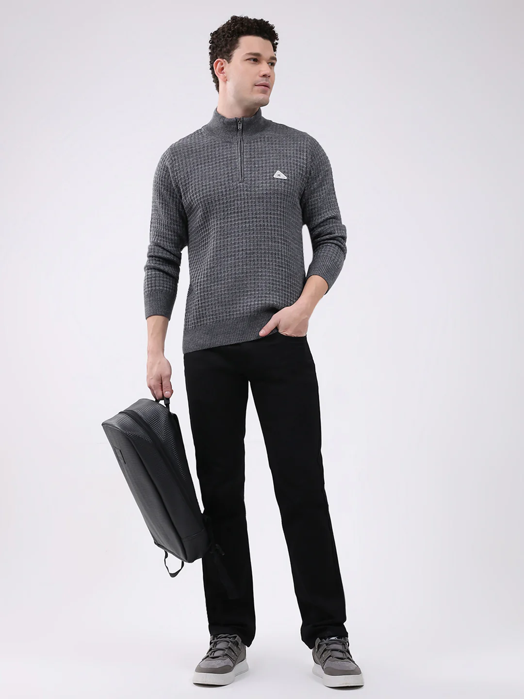 Men Grey Self Design Mock Neck Full Sleeve Pullover - Image 2