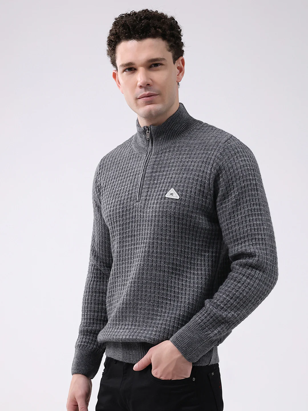 Men Grey Self Design Mock Neck Full Sleeve Pullover - Image 3