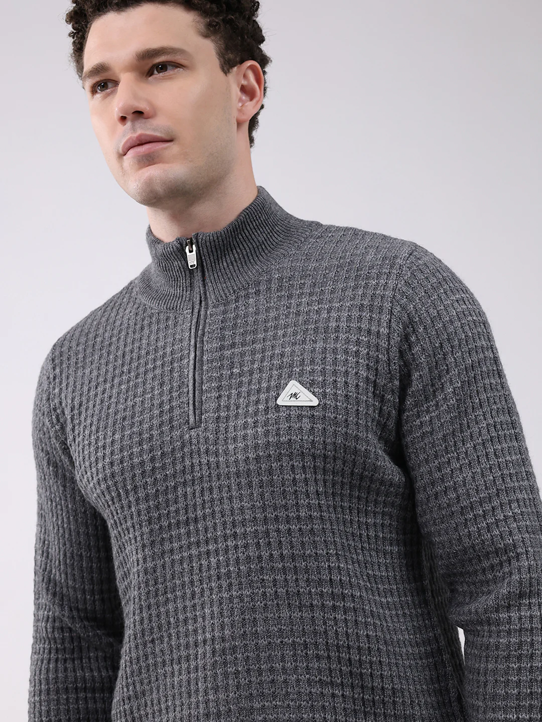 Men Grey Self Design Mock Neck Full Sleeve Pullover - Image 6