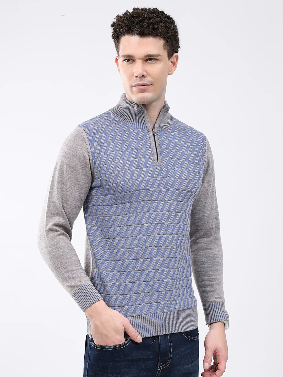 Men Grey Self Design Mock Neck Full Sleeve Pullover - Image 4