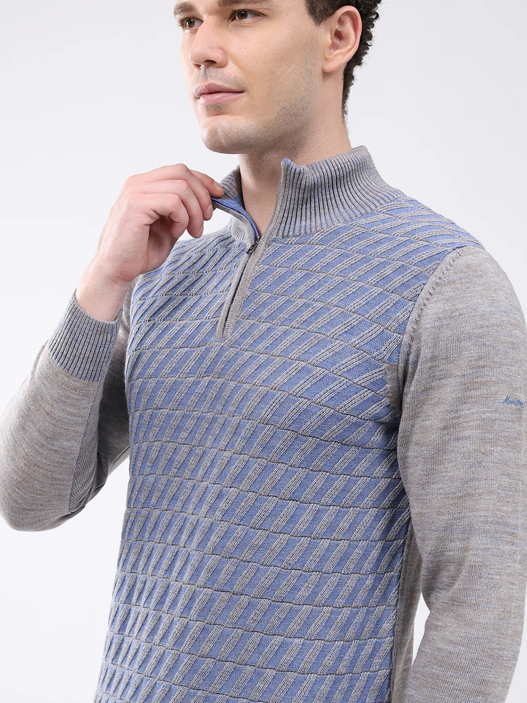 Men Grey Self Design Mock Neck Full Sleeve Pullover - Image 6