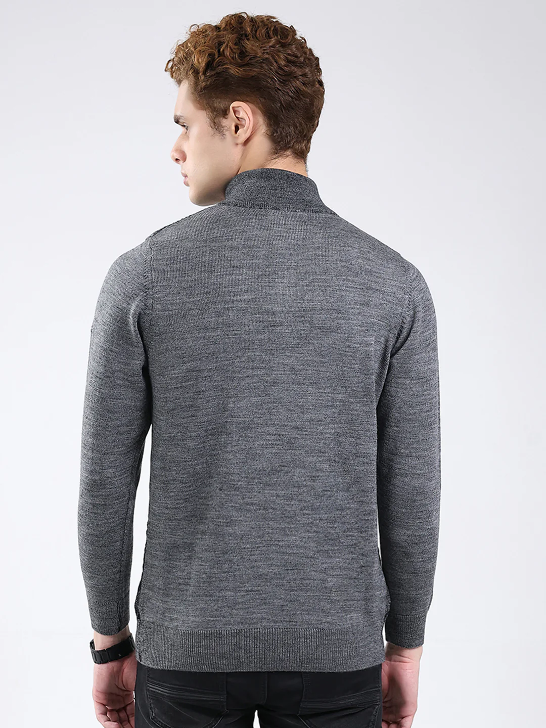Men Grey Self Design Mock Neck Full Sleeve Pullover - Image 5